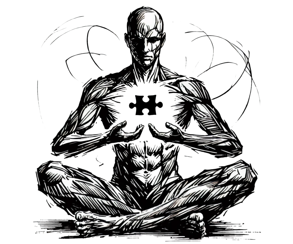 Postać w pozycji medytacyjnej trzymająca element puzzla w centrum klatki piersiowej, symbolizująca odnalezienie wewnętrznego spokoju i samowystarczalności.