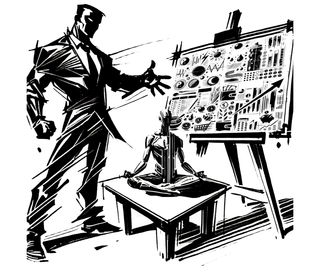 Postać prezentująca zaawansowany panel rozwojowy, obok której siedzi osoba w pełni rozwoju, symbolizująca samorealizację i świadome planowanie.