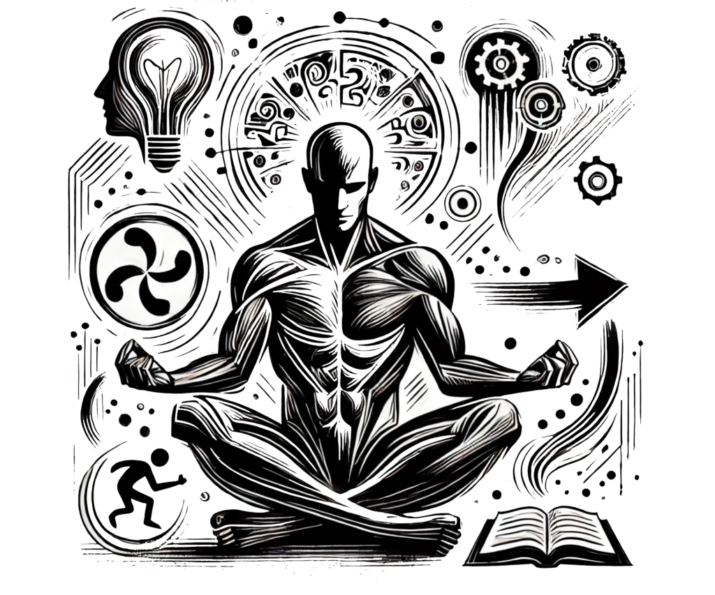 Postać w pozycji medytacyjnej otoczona symbolami rozwoju, takimi jak książka, zębatki, strzałka, żarówka i zegar, symbolizująca równowagę między edukacją, inspiracją i działaniem.