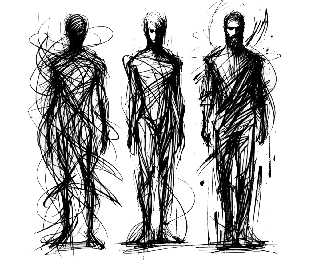 Trzy postacie w szkicu, symbolizujące kolejne etapy rozwoju osobistego: anonimowość, adepta i mistrza.