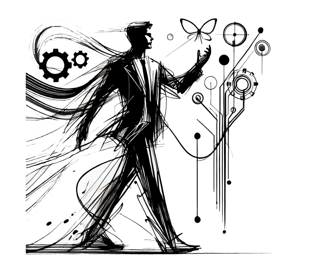 Szkic postaci idącej do przodu, trzymającej motyla, otoczonej zębatkami i schematami, symbolizujący proces wdrażania i transformacji.