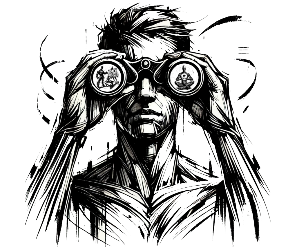 Postać patrząca przez lornetkę, symbolizująca spojrzenie w przyszłość i planowanie rozwoju.