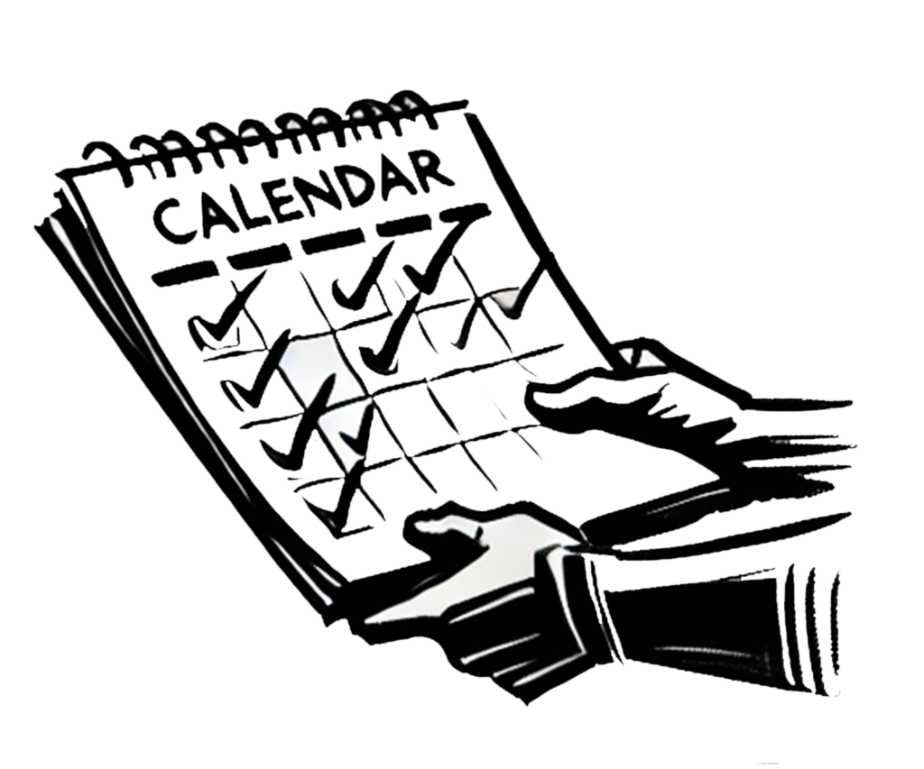 Rysunek przedstawiający ręce trzymające kalendarz z zaznaczonymi dniami, symbolizujący planowanie treści.