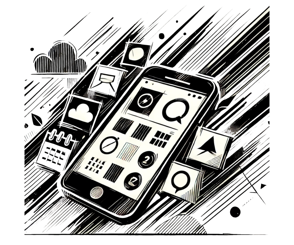 Czarno-biały szkic smartfona otoczonego ikonami aplikacji, symbolizujący narzędzia użytkowe do nawigacji w świecie wirtualnym, z elementami chmury, kalendarza i wiadomości.