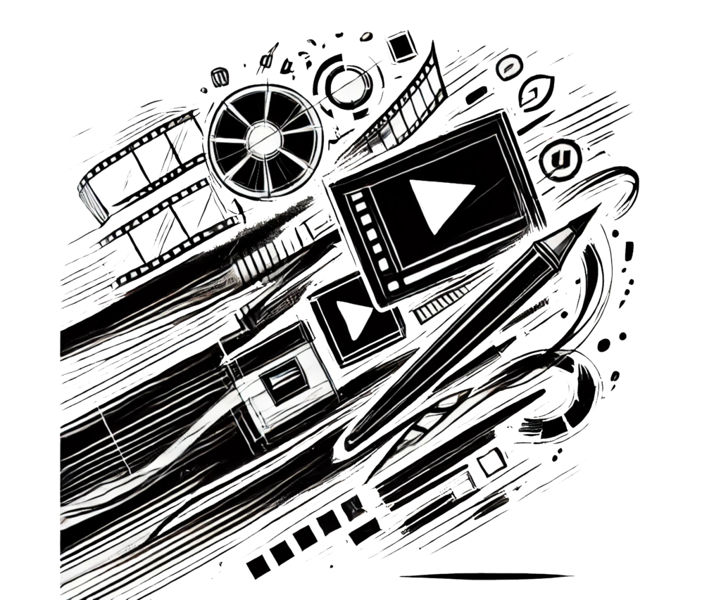 Czarno-biały szkic narzędzi do edycji grafiki i filmów, zawierający motywy taśmy filmowej, monitora z przyciskiem odtwarzania, ołówka i ikon edycji wideo.