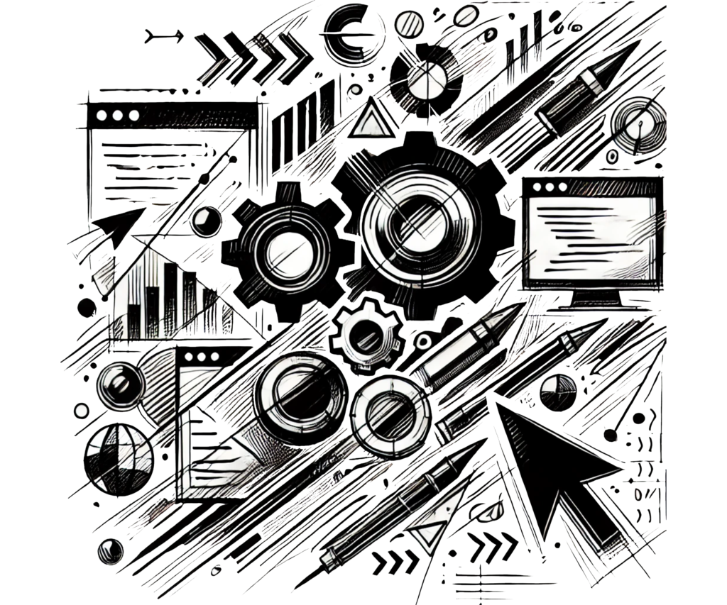 Czarno-biały szkic technicznych narzędzi do budowy stron internetowych – tryby, wykresy, strzałki, ikony przeglądarek i komputer.