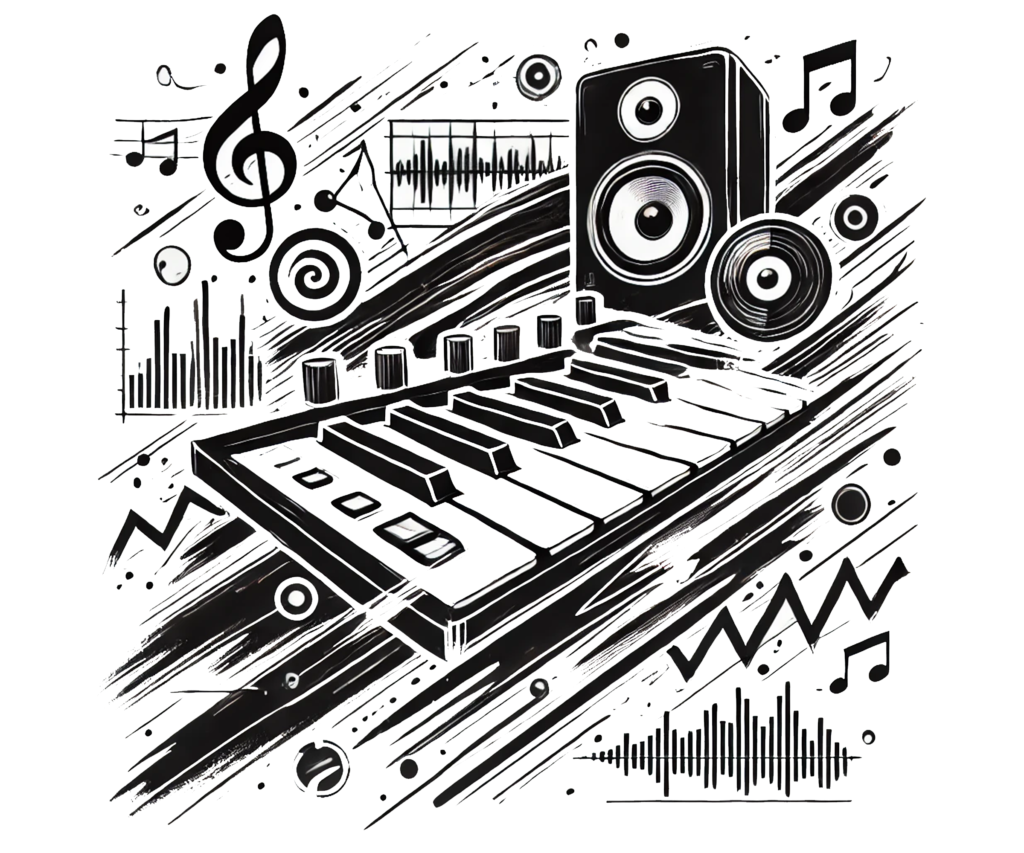 Czarno-biały szkic klawiatury MIDI, głośników i nut, otoczony symbolami dźwięków i wykresami audio – narzędzia dla producentów muzycznych.