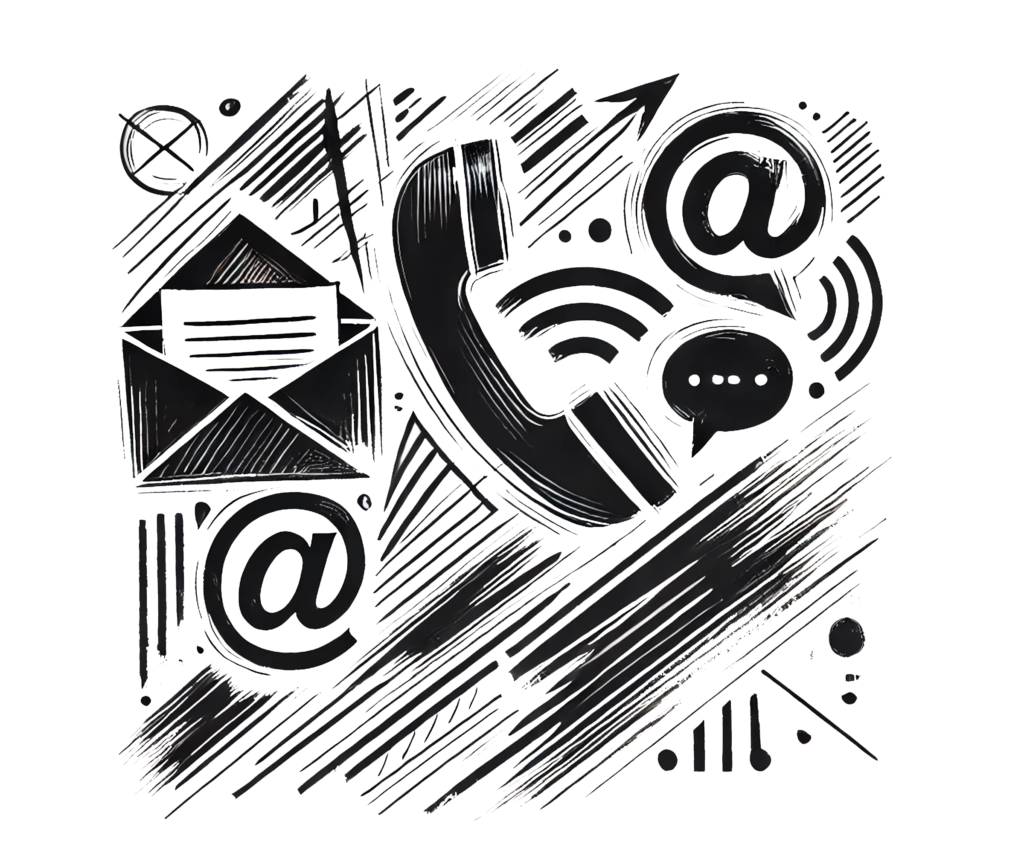 Czarno-biała ilustracja z symbolem telefonu, kopertą, ikoną wiadomości i znakiem małpy (@), symbolizująca różne formy komunikacji online. Obraz odzwierciedla dział kontaktu z formularzem na stronie internetowej.