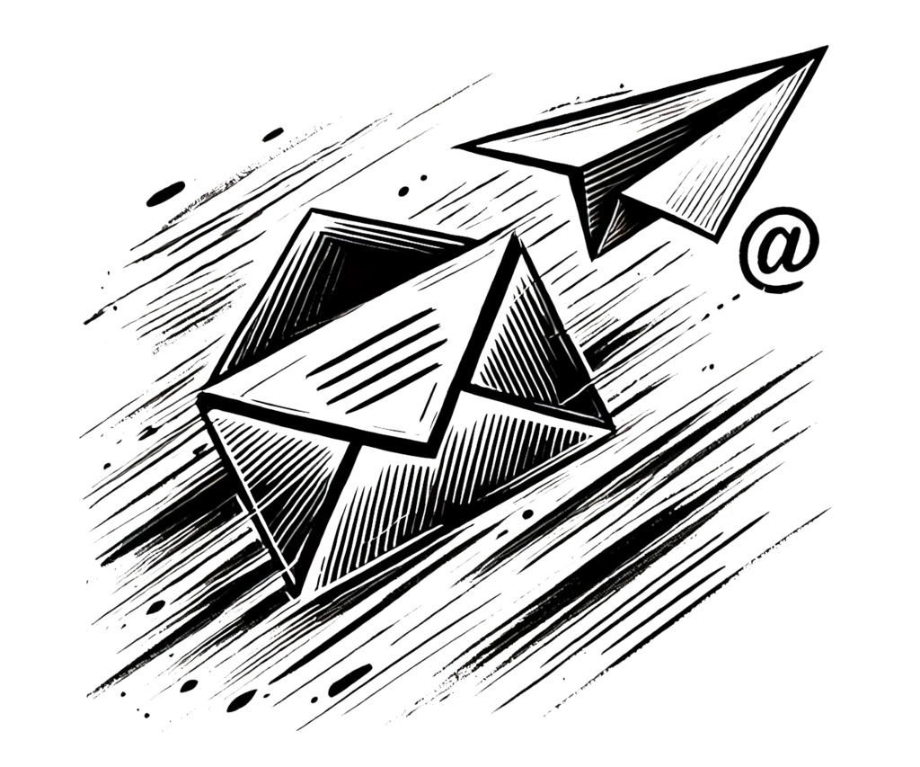 Czarno-biała ilustracja przedstawiająca otwartą kopertę i papierowy samolot symbolizujący wysłaną wiadomość e-mail. Obok znajduje się znak małpy (@), reprezentujący komunikację online.