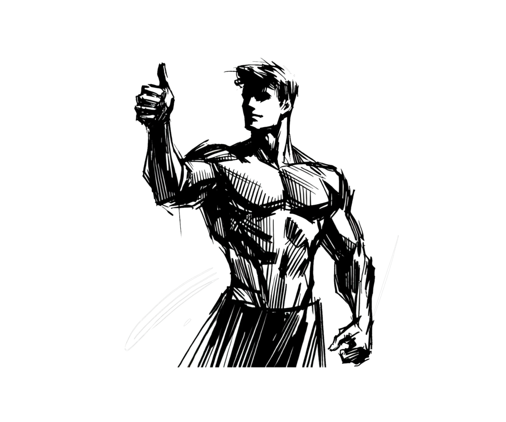 Postać rekomendująca narzędzia do tworzenia treści internetowych, unosi kciuk w geście aprobaty.