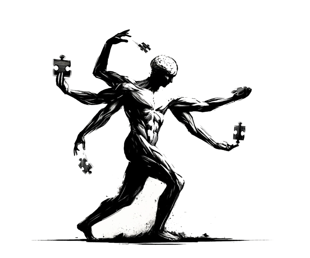 Postać o wielu ramionach zbierająca puzzle, symbolizująca proces składania własnej psychiki i samopoznania.