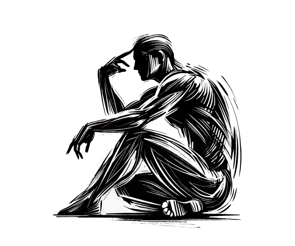 Zamyślona, zagubiona postać siedząca w skupieniu, symbolizująca introspekcję i głęboką analizę myśli.