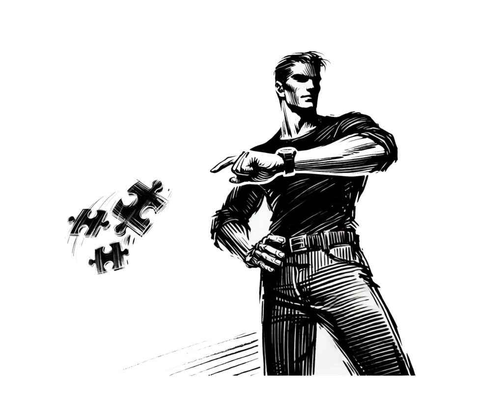 Postać wskazująca na rozrzucone elementy układanki, symbolizujące narzędzia do tworzenia treści i pracy nad rozwojem.