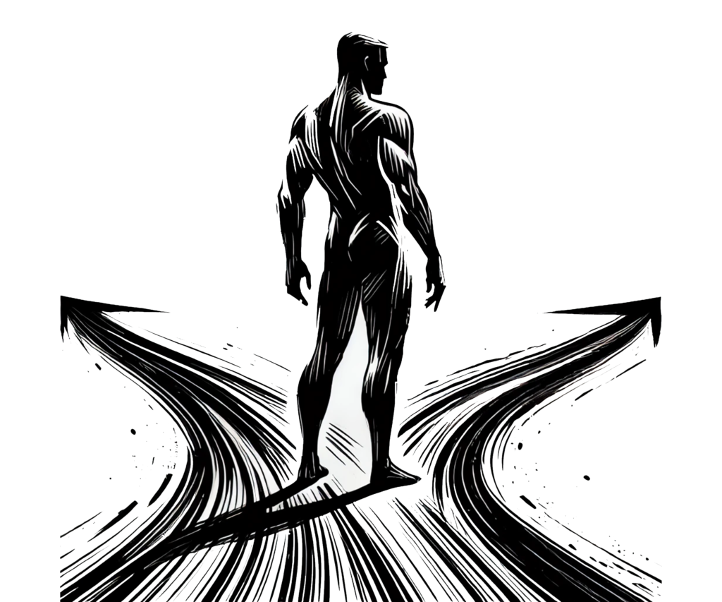 Postać stojąca na rozdrożu dróg, symbolizująca wybór ścieżki rozwoju i podejmowanie decyzji.