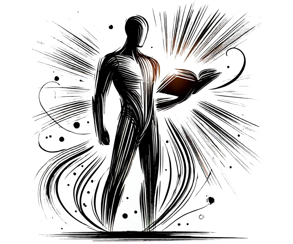 Postać trzymająca otwartą księgę, emanującą światłem, symbolizującą wiedzę, mądrość i rozwój osobisty.