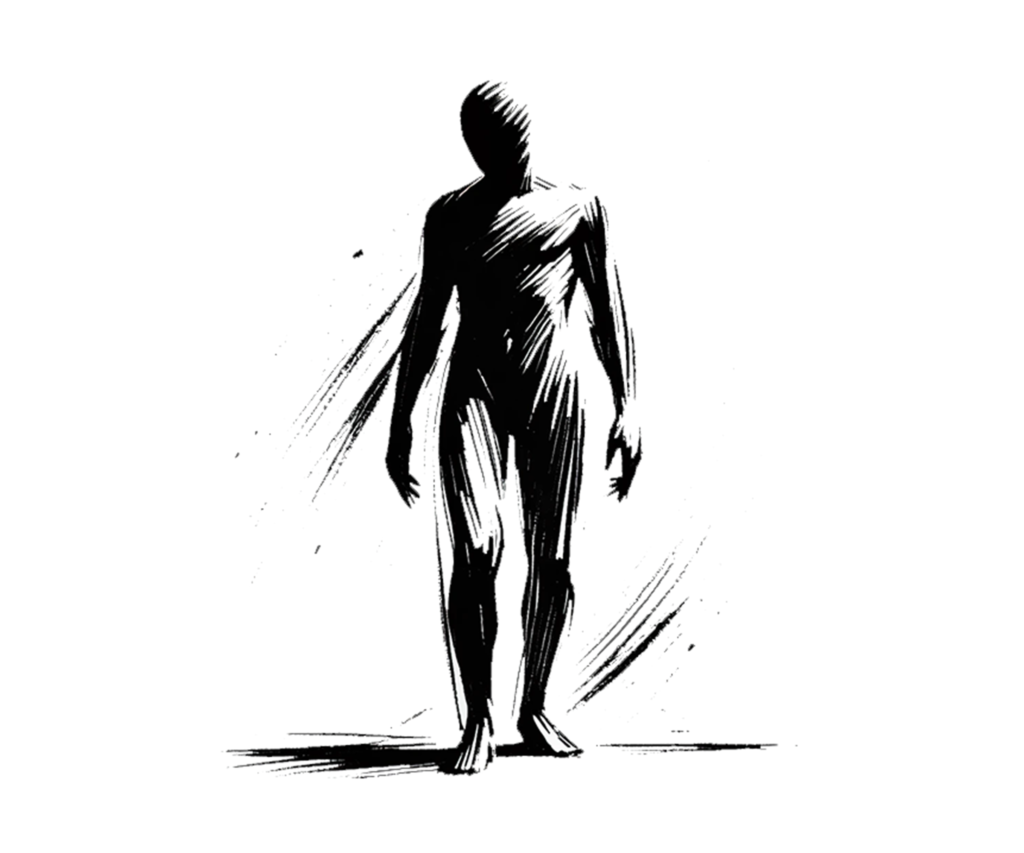 Samotna postać krocząca w cieniu, obserwator, który dopiero wkracza na ścieżkę samorozwoju.