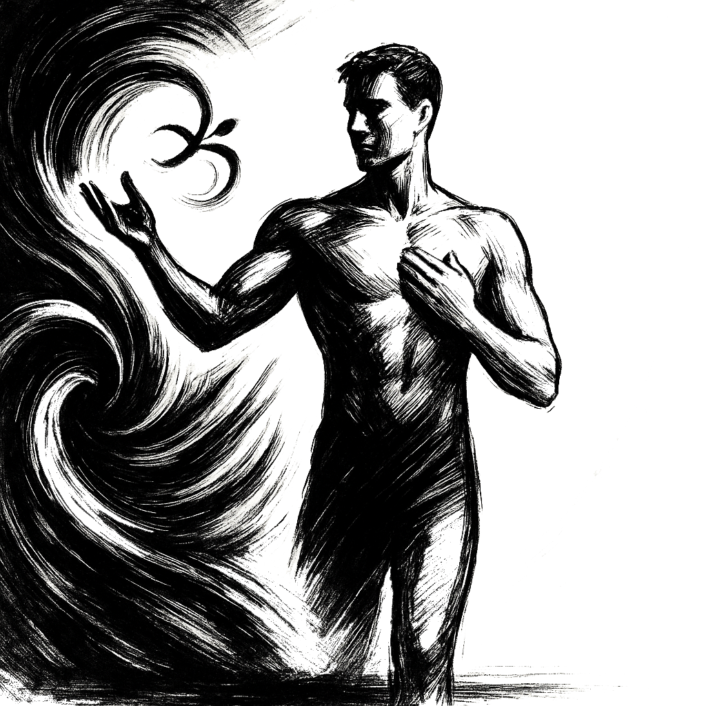 Czarno-biała ilustracja człowieka stojącego między światem chaosu a spokojem, z jedną ręką wyciągniętą w stronę wirującej energii, a drugą przy sercu — symbol równowagi między ruchem i spokojem.